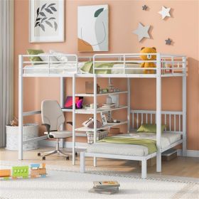 Full Over Twin Metal Bunk Bed with Built-in Desk, Shelves and Ladder, White