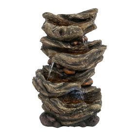 9x5x14" Indoor Brown Wood-Look Water Fountain, 4-Tier Polyresin Cascading Wood Tabletop Fountain with LED Light