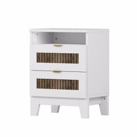 2-Drawer Farmhouse Wooden Nightstand with Wooden Strip Decoration and Metal Handle, Wood Side Table with Storage Cabinet for Bedroom, White