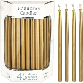 Aviv Judaica Drip Less Hanukkah Candles 5.75" Tall Metallic Gold Candle Set of 45 Enough for 8 Nights Fits Standard Menorah Decorative Candles for Par